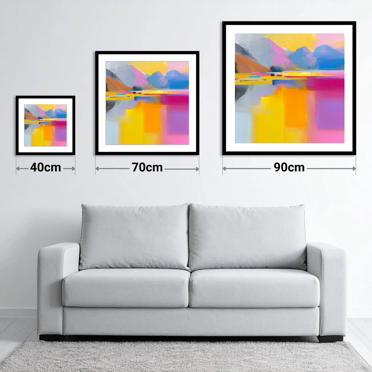 Vibrant Loweswater Reflections - size guide showing 40cm, 70cm and 90cm art prints