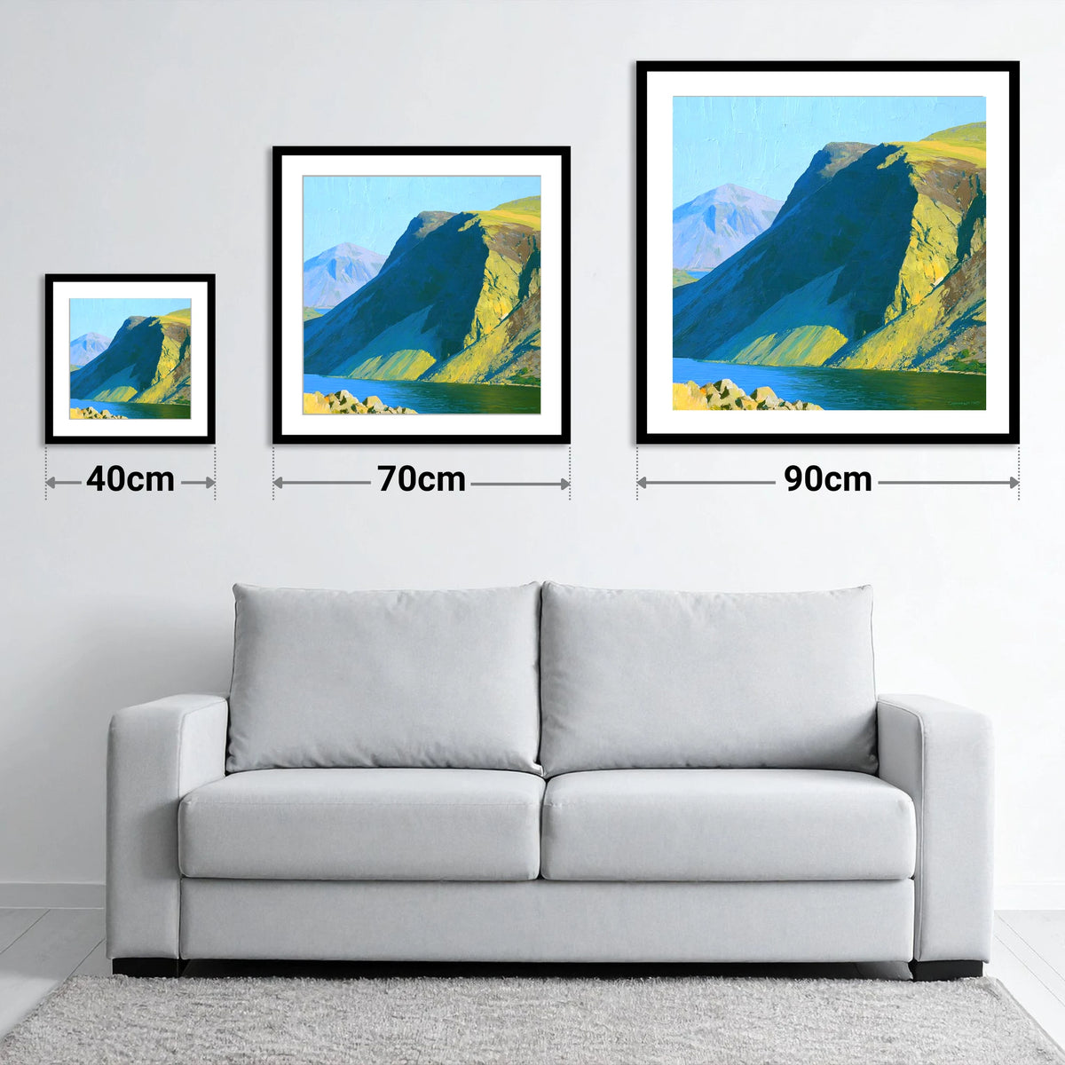 Vibrant Yewbarrow Ridge and Lake - size guide showing 40cm, 70cm and 90cm art prints