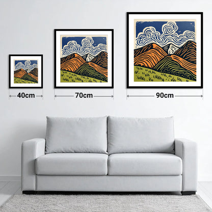 Rolling Fells Under Swirling Clouds - size guide showing 40cm, 70cm and 90cm art prints