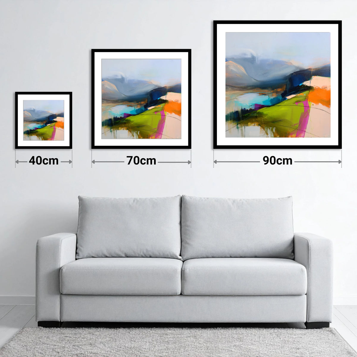 Vibrant Fell Summit View - size guide showing 40cm, 70cm and 90cm art prints