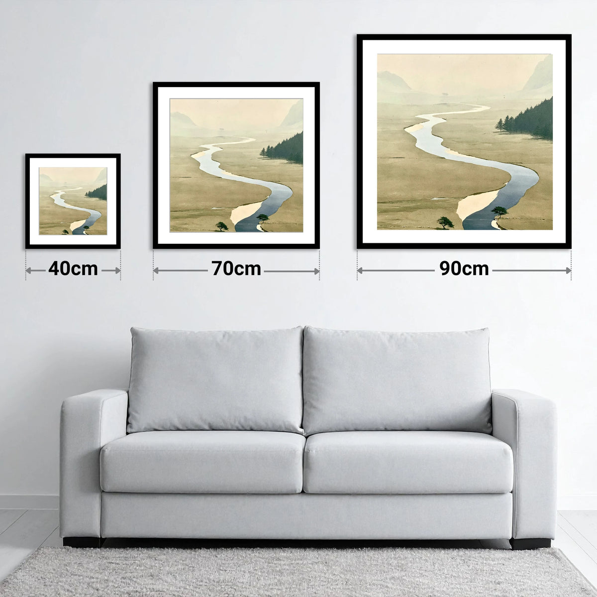 Winding Beck in Ochre Valley - size guide showing 40cm, 70cm and 90cm art prints
