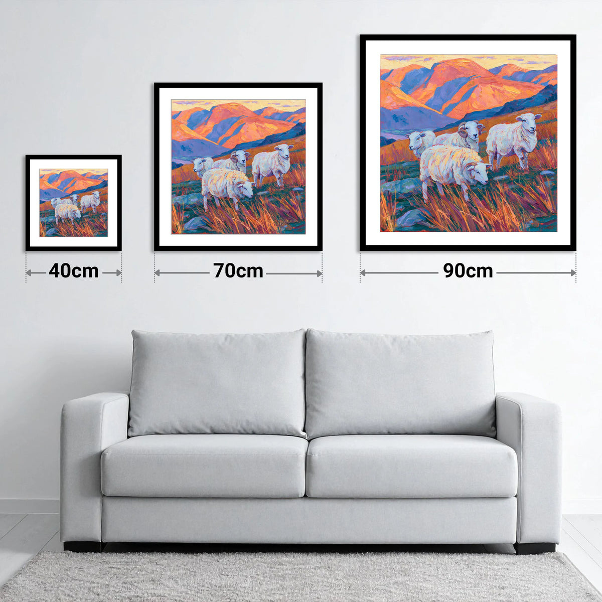 Herdwick Sheep in Sunset Fells - size guide showing 40cm, 70cm and 90cm art prints