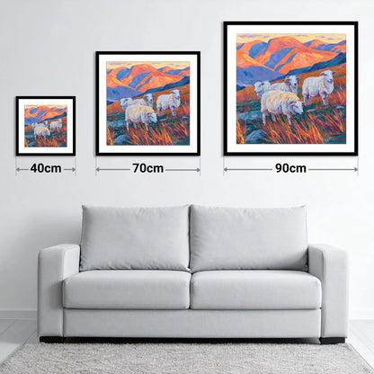 Herdwick Sheep in Sunset Fells - size guide showing 40cm, 70cm and 90cm art prints