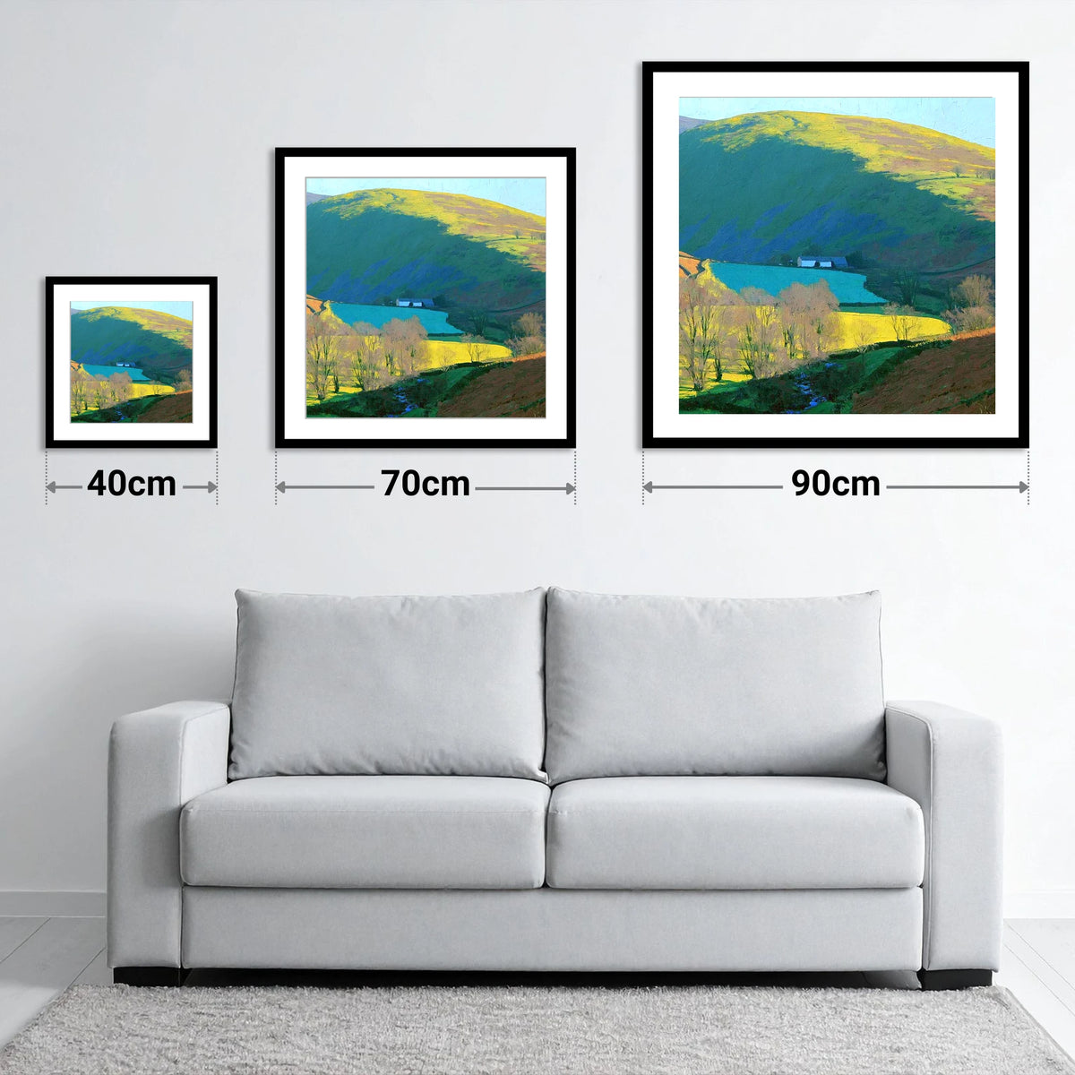 Vibrant Ling Fell Valley Farm - size guide showing 40cm, 70cm and 90cm art prints