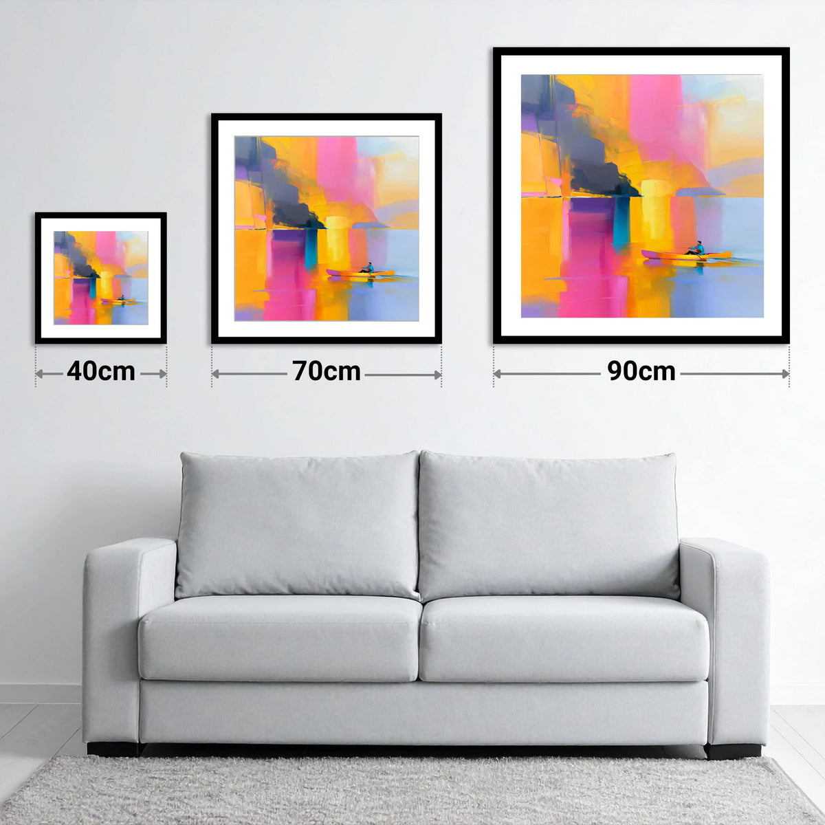 Colourful Kayaking on the Lake - size guide showing 40cm, 70cm and 90cm art prints