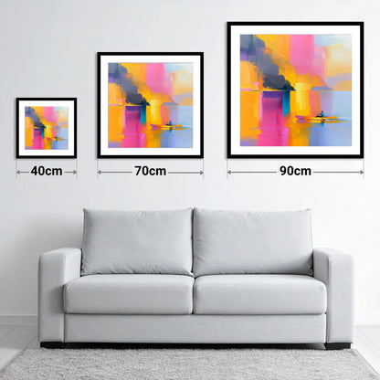 Colourful Kayaking on the Lake - size guide showing 40cm, 70cm and 90cm art prints