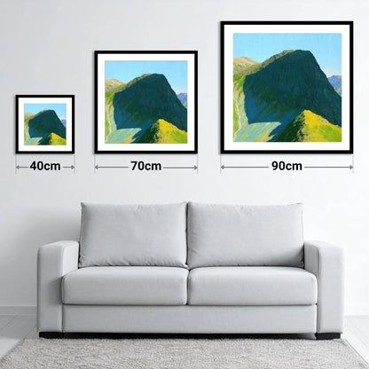 Sunlit Ridge on High Raise - size guide showing 40cm, 70cm and 90cm art prints