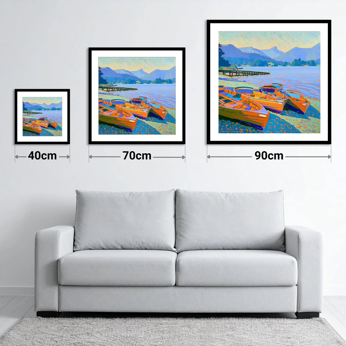 Vibrant Rowing Boats on Windermere - size guide showing 40cm, 70cm and 90cm art prints