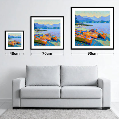 Vibrant Rowing Boats on Windermere - size guide showing 40cm, 70cm and 90cm art prints