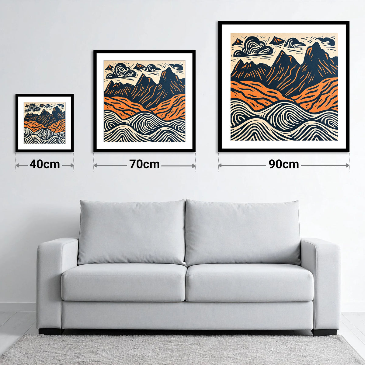 Navy and Orange Langdale Pikes - size guide showing 40cm, 70cm and 90cm art prints