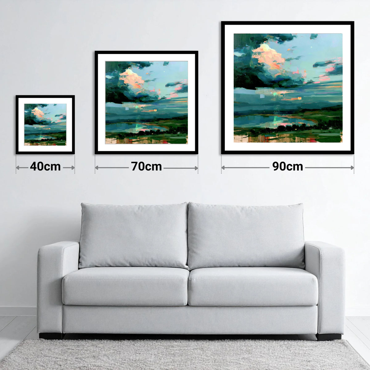 Vivid Sunrise Sky Over Lake - size guide showing 40cm, 70cm and 90cm art prints