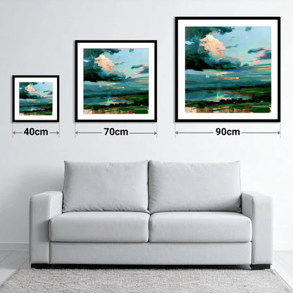 Vivid Sunrise Sky Over Lake - size guide showing 40cm, 70cm and 90cm art prints
