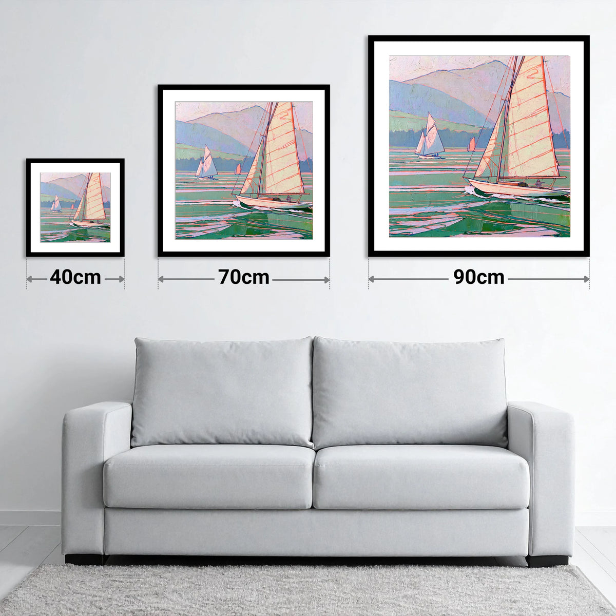 Vivid Yachts on a Breezy Lake - size guide showing 40cm, 70cm and 90cm art prints
