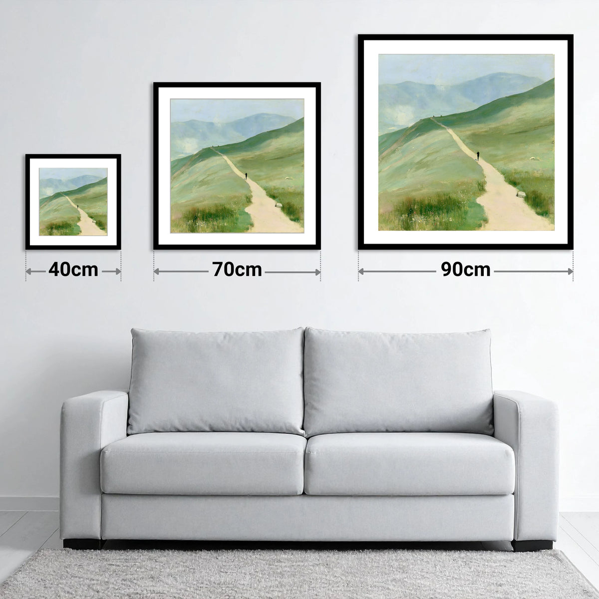 Trail Runner on Helvellyn Path - size guide showing 40cm, 70cm and 90cm art prints