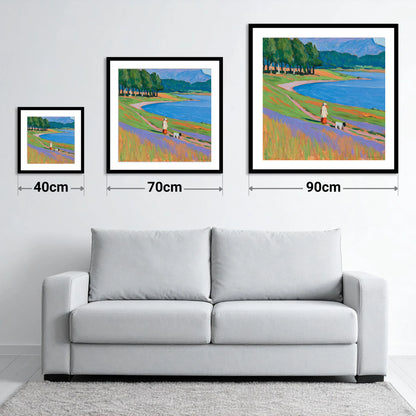 Vibrant Tarn Hows Dog Walk - size guide showing 40cm, 70cm and 90cm art prints