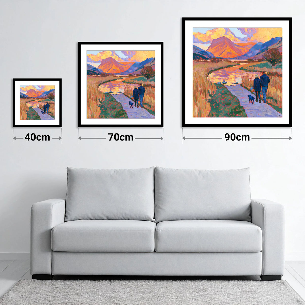 Sunset Dog Walk at Buttermere - size guide showing 40cm, 70cm and 90cm art prints