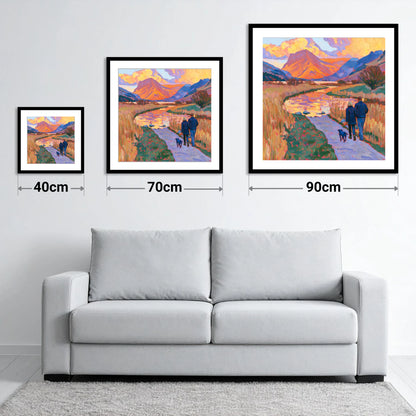 Sunset Dog Walk at Buttermere - size guide showing 40cm, 70cm and 90cm art prints