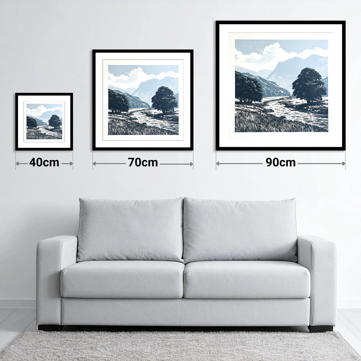Borrowdale River in Slate Blue - size guide showing 40cm, 70cm and 90cm art prints