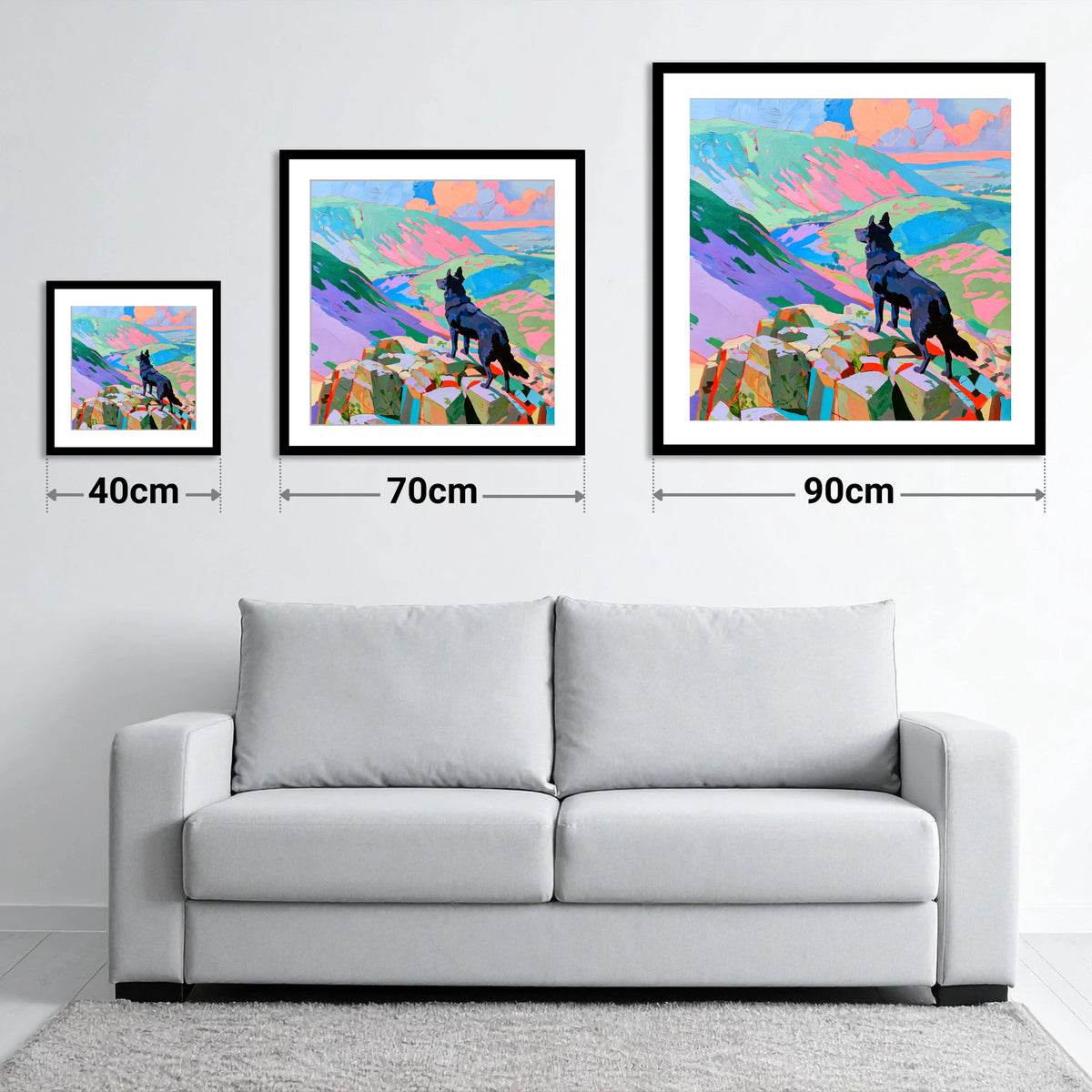 Black Dog on Vibrant Haystacks - size guide showing 40cm, 70cm and 90cm art prints