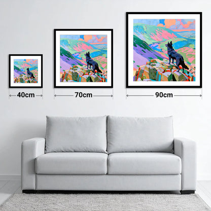 Black Dog on Vibrant Haystacks - size guide showing 40cm, 70cm and 90cm art prints