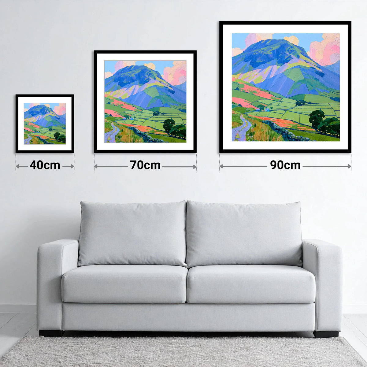 Great Gable Above Vibrant Pastures - size guide showing 40cm, 70cm and 90cm art prints