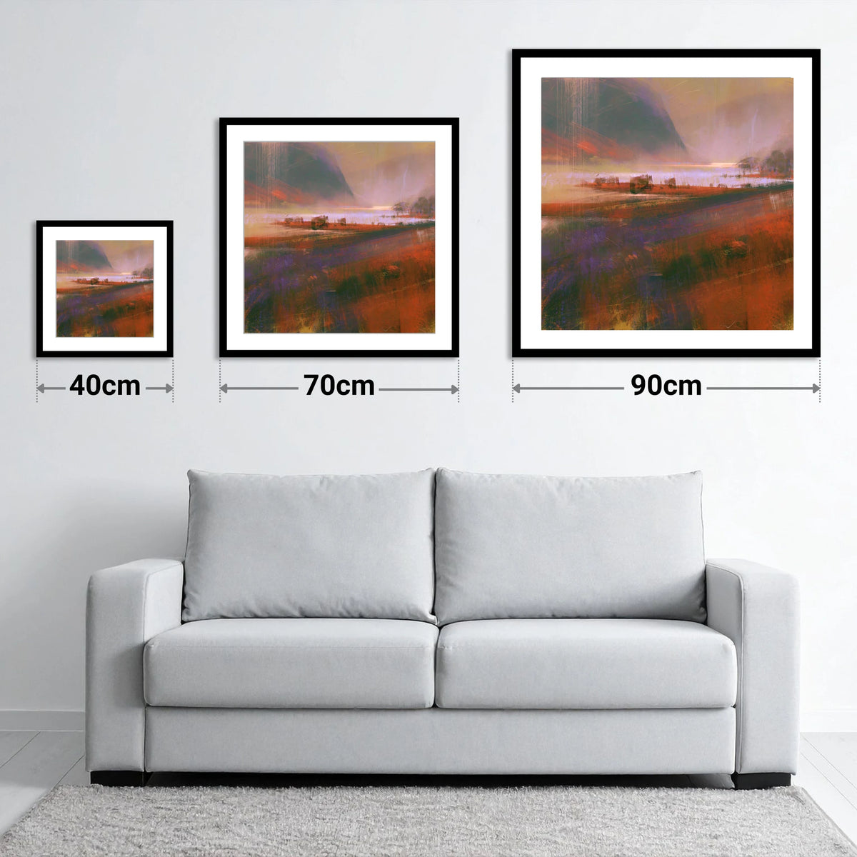 Autumn Light on Ullswater - size guide showing 40cm, 70cm and 90cm art prints