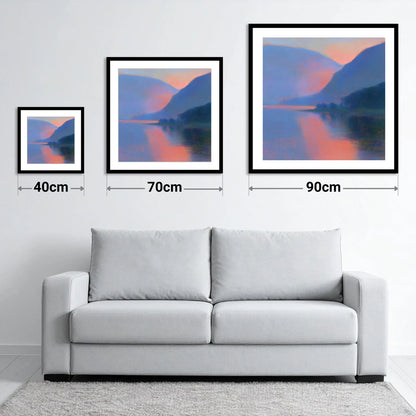 Twilight Lake and Indigo Fells - size guide showing 40cm, 70cm and 90cm art prints