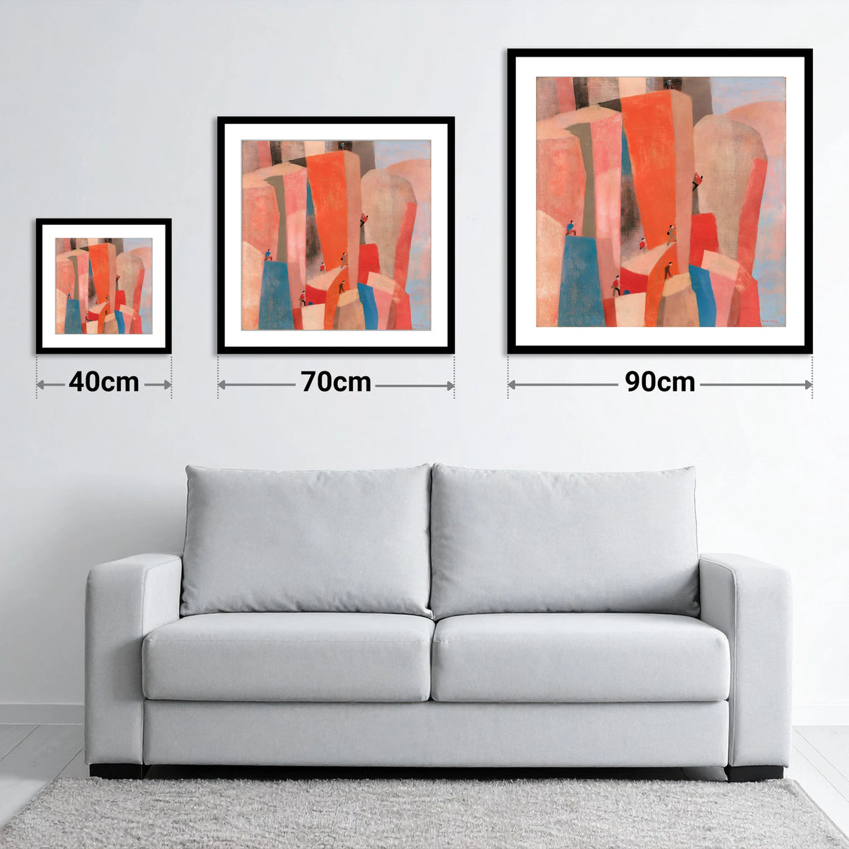 Geometric Climbers on a Crag - size guide showing 40cm, 70cm and 90cm art prints