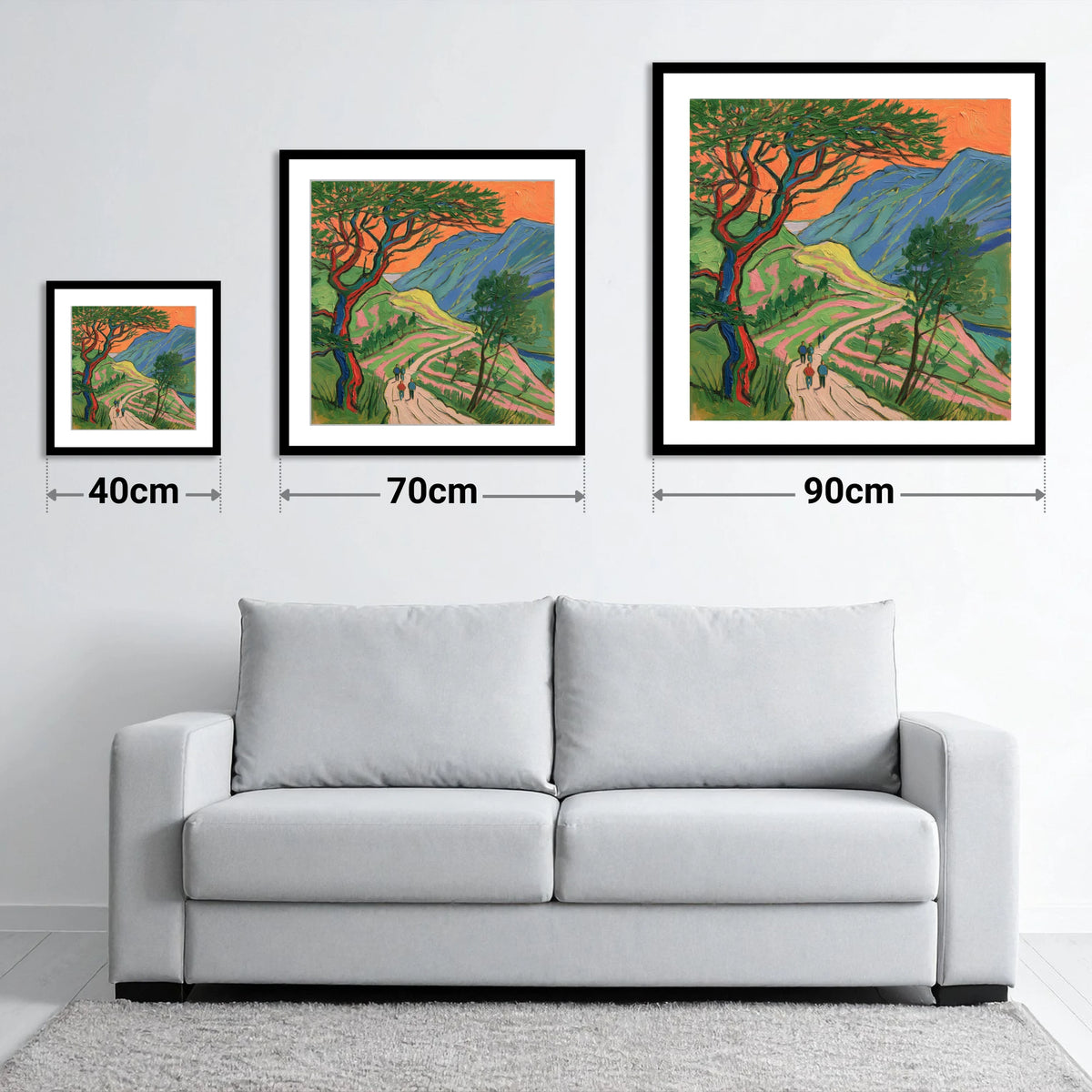 Fell Path Beneath an Orange Sky - size guide showing 40cm, 70cm and 90cm art prints