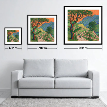 Fell Path Beneath an Orange Sky - size guide showing 40cm, 70cm and 90cm art prints