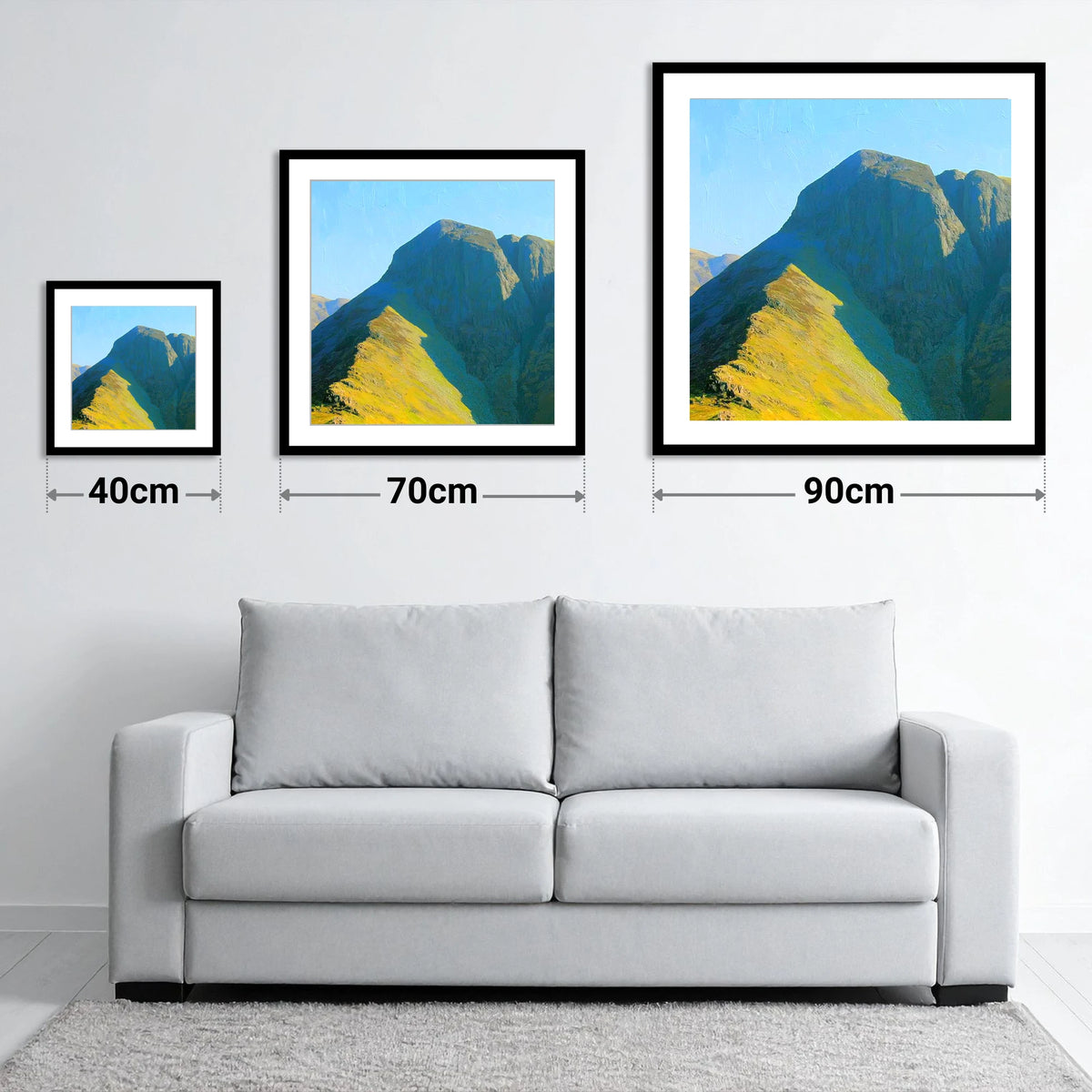 Sunlit Ridge on Loft Crag - size guide showing 40cm, 70cm and 90cm art prints