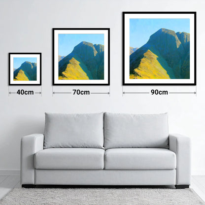 Sunlit Ridge on Loft Crag - size guide showing 40cm, 70cm and 90cm art prints