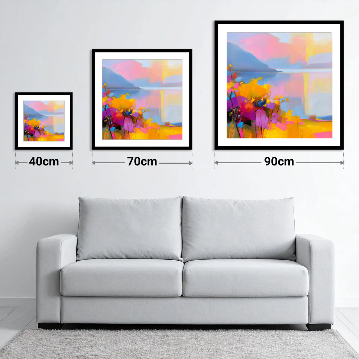 Vibrant Gorse Above the Lake - size guide showing 40cm, 70cm and 90cm art prints