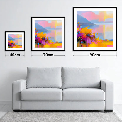 Vibrant Gorse Above the Lake - size guide showing 40cm, 70cm and 90cm art prints