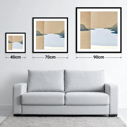 Minimalist Ullswater in Slate Blue - size guide showing 40cm, 70cm and 90cm art prints