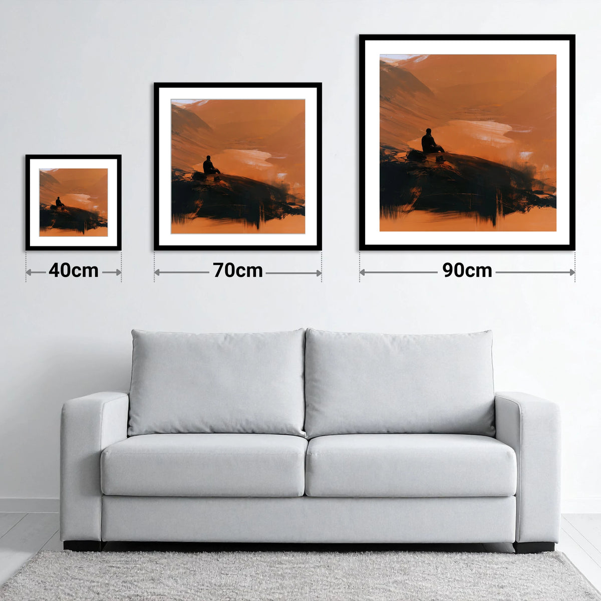 Innominate Tarn in Amber Light - size guide showing 40cm, 70cm and 90cm art prints