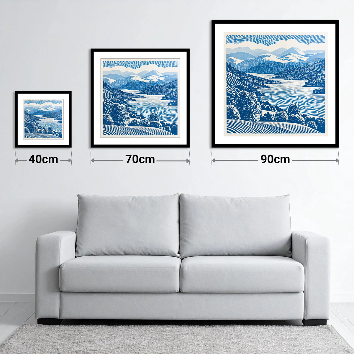 Coniston Water in Cobalt Blue - size guide showing 40cm, 70cm and 90cm art prints