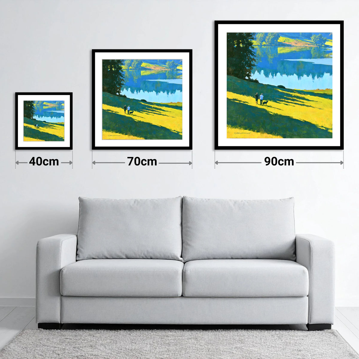 Sunlit Dog Walkers at Tarn Hows - size guide showing 40cm, 70cm and 90cm art prints
