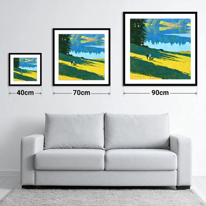 Sunlit Dog Walkers at Tarn Hows - size guide showing 40cm, 70cm and 90cm art prints