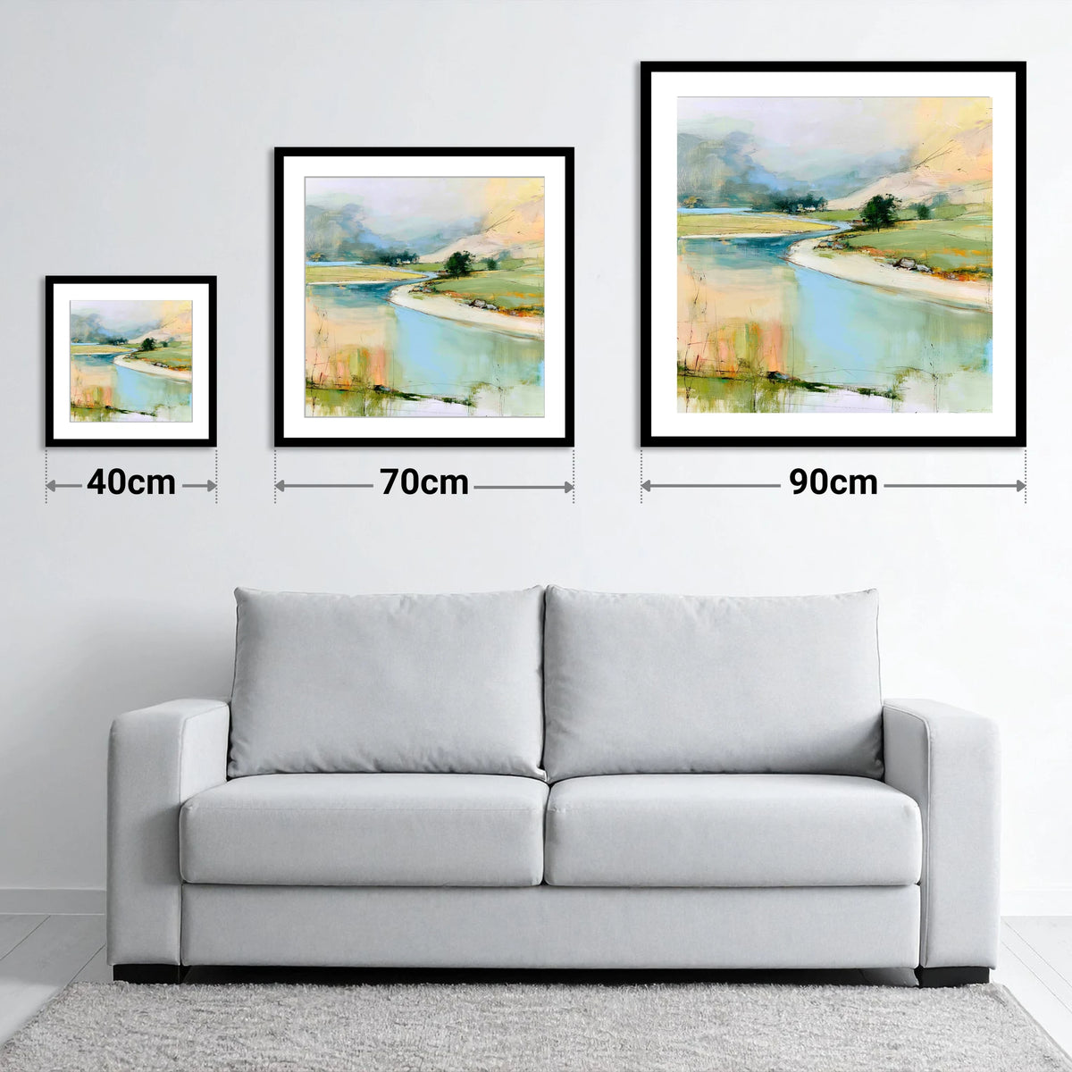 Winding River Valley in Pastel - size guide showing 40cm, 70cm and 90cm art prints