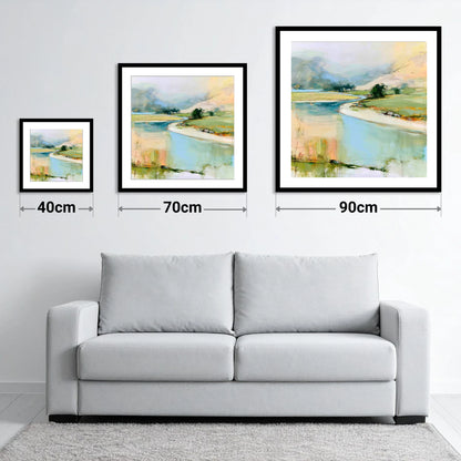 Winding River Valley in Pastel - size guide showing 40cm, 70cm and 90cm art prints