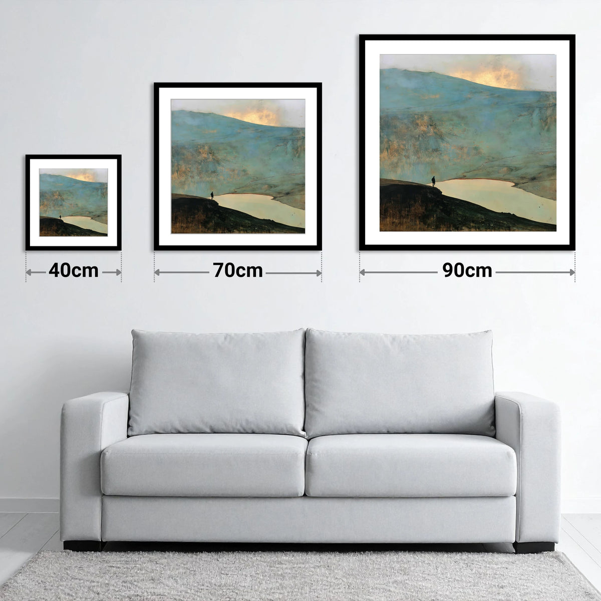 Helvellyn Walker and Golden Sky - size guide showing 40cm, 70cm and 90cm art prints