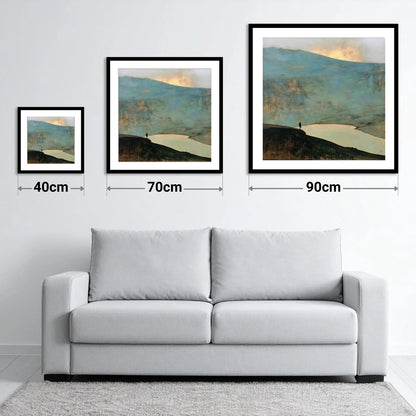 Helvellyn Walker and Golden Sky - size guide showing 40cm, 70cm and 90cm art prints