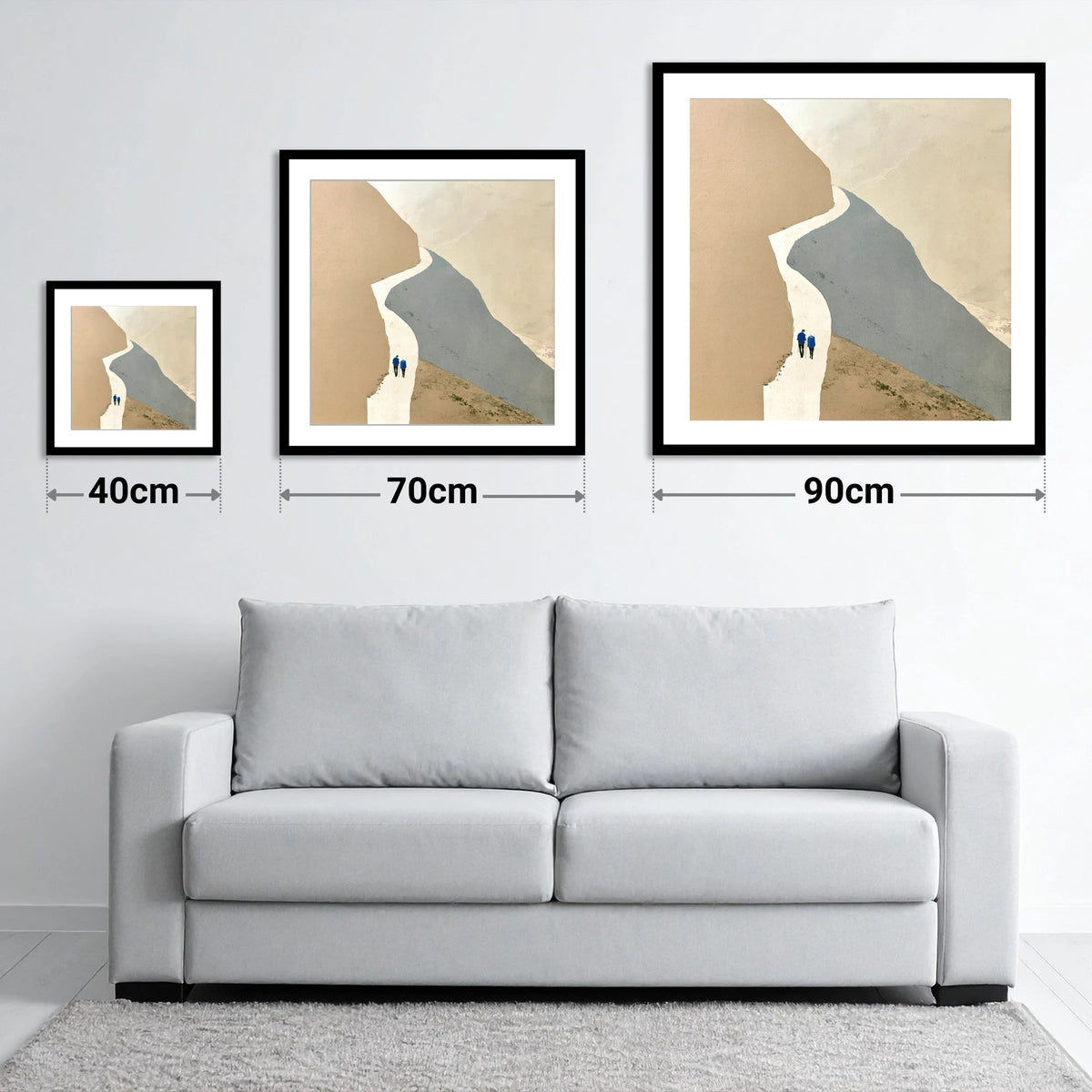 Fell Walkers on the Winding Slate Path - size guide showing 40cm, 70cm and 90cm art prints