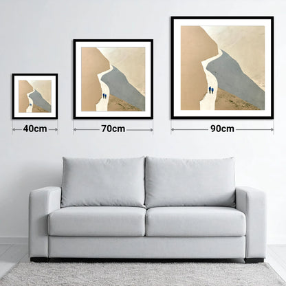 Fell Walkers on the Winding Slate Path - size guide showing 40cm, 70cm and 90cm art prints
