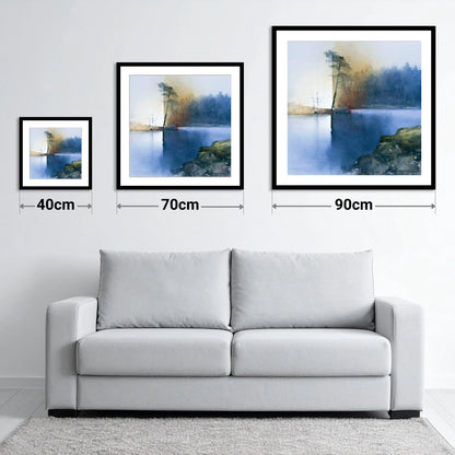 Indigo Tarn Hows Leaning Pine - size guide showing 40cm, 70cm and 90cm art prints