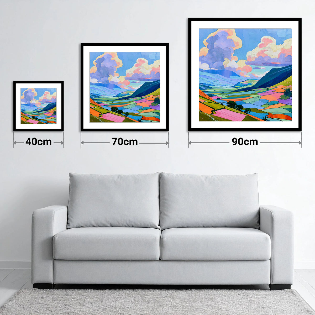 Lavender Clouds Over Rolling Fells - size guide showing 40cm, 70cm and 90cm art prints