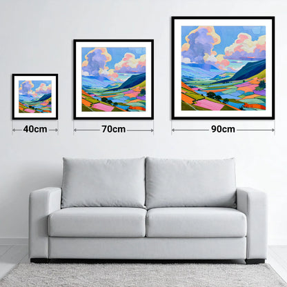 Lavender Clouds Over Rolling Fells - size guide showing 40cm, 70cm and 90cm art prints