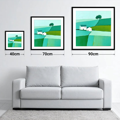 Near Sawrey Cottages In Bold Teal - size guide showing 40cm, 70cm and 90cm art prints