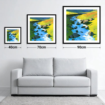 Cobalt Blue Fellside Beck - size guide showing 40cm, 70cm and 90cm art prints